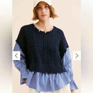 Anthropologie Avantlook Striped Splicing Crew Neck Top Navy XS (Oversized Fit)